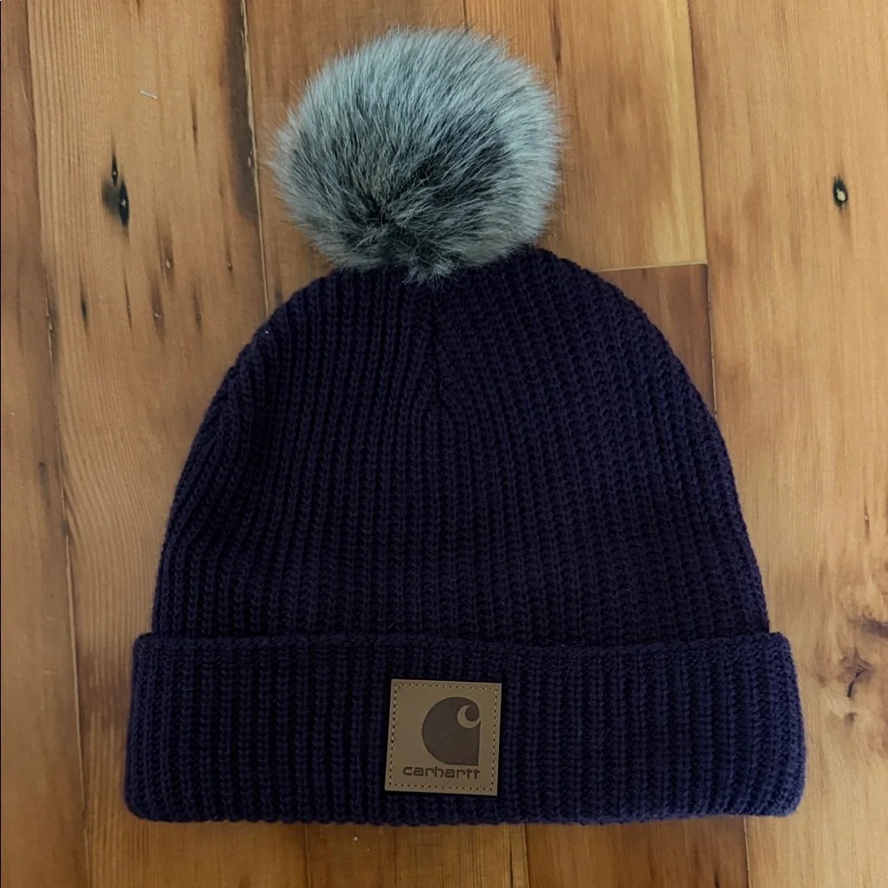 Carhartt Dark Purple Beanie with Fluffy Gray Pom